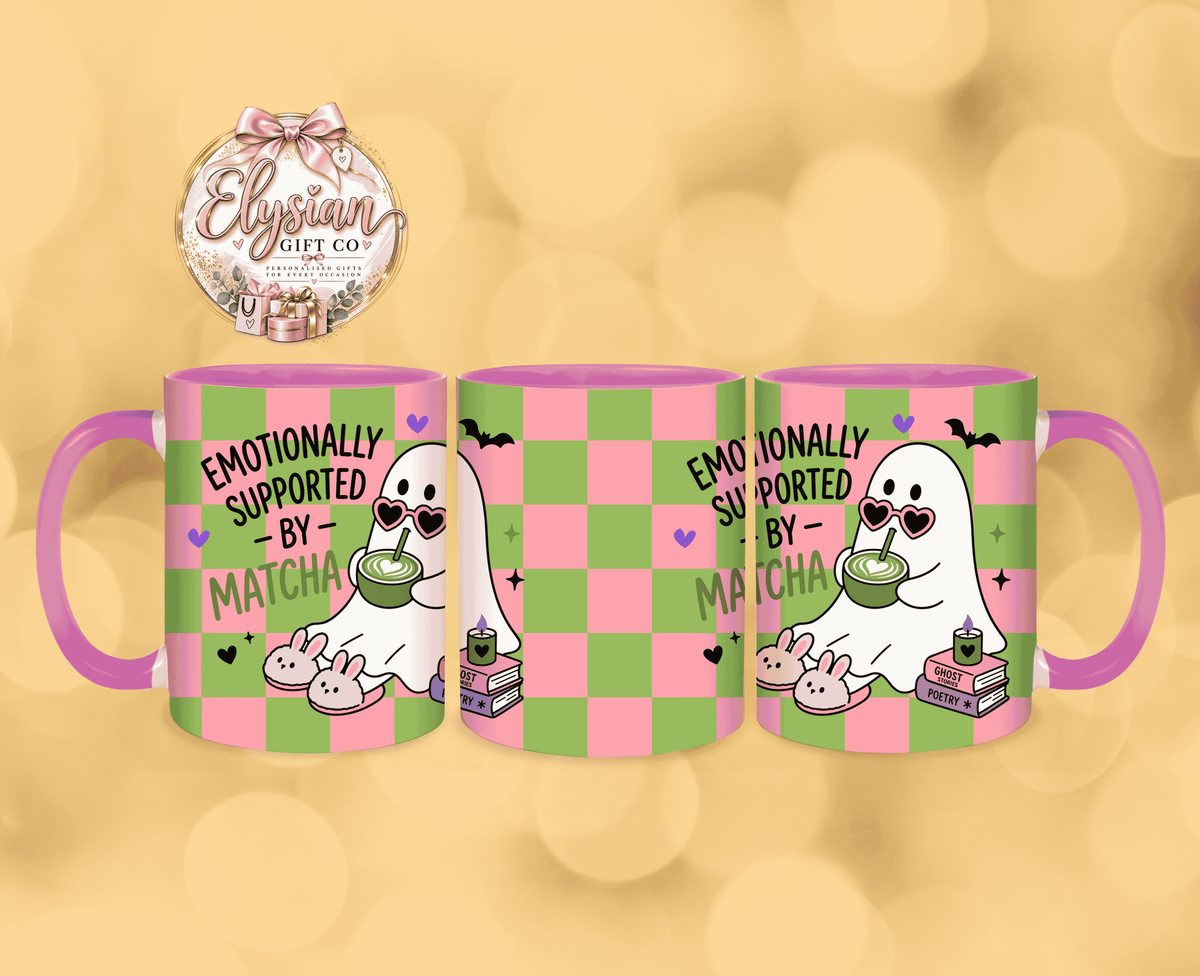 Emotionally Supported By Matcha 11oz Mug – Pink Handle & Inner